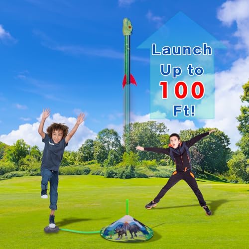 Dinosaur Toy Rocket Launcher - Up to 100 Ft, 4 Rockets, Outdoor Fun for Kids