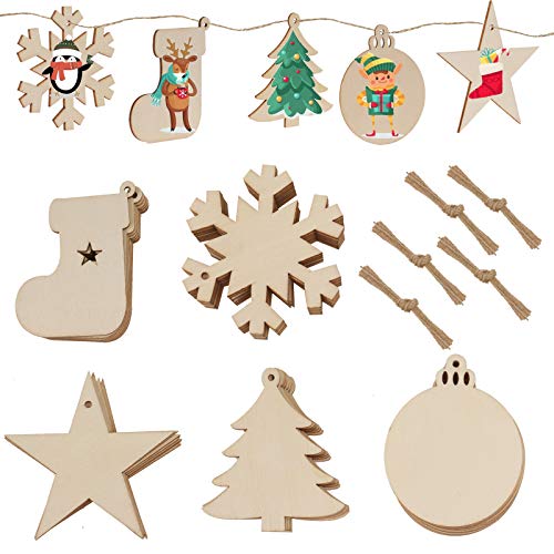 JUYOO 50PCS Wooden Christmas Tree Decoration Set - Wooden Ornaments: Round Wood Slices Wood Snowflake Star Tree Socks with 60 Pcs Rope 5 Styles