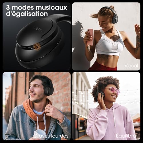 Casque Bluetooth sans Fil 90H Durée Lecture avec 3 Modes EQ Bluetooth 5.3, Casque Bluetooth,Cache-Oreilles protéines Souples,Casque sans Fil stéréo HiFi Microphone pour Voyage/Travail/Vie – Image 5