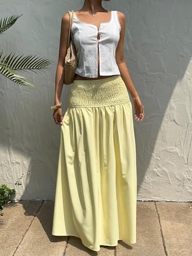 GORGLITTER Women's Flowy Ruffle Shirred Maxi Long Skirt Elastic High Waist A Line Skirts2