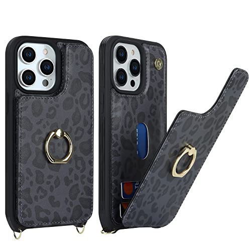 Image of for iPhone 13 Pro Max /iPhone 12 Pro Max Case with Card Holder for Women,Crossbody Strap Lanyard,Credit Card Holder,Ring Stand,Snap Clasp,Cute Wallet Case 6.7 inch (Black Leopard)