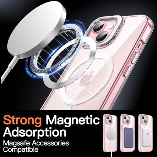 JETech キックスタンドケース iPhone 15 6.1インチ用 MagSafe対応 カメラリングスタンド内蔵 耐衝撃スマホバンパーカバー 傷防止 マグネット式 クリアバック (ピンク)
