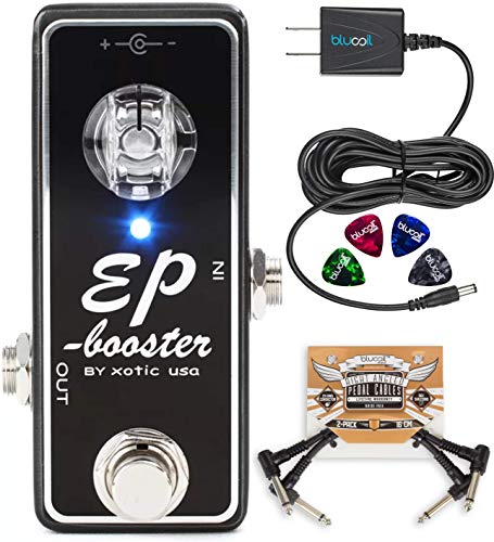 Xotic EP Booster Mini EQ Effects Pedal Bundle with Blucoil Slim 9V 670ma Power Supply AC Adapter, 2-Pack of Pedal Patch Cables, and 4-Pack of Celluloid Guitar Picks