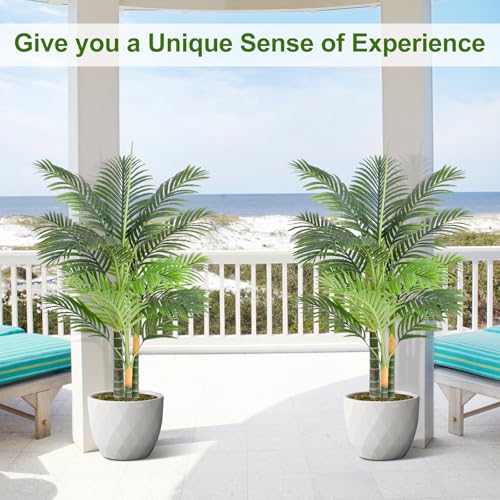 Image of Triple Golden Cane Palm Artificial Tree 4ft Tall Large Faux Tropical Palm Tree UV Resistant Fake Plant in Pot for Indoor Outdoor Big House Living Room Patio Office Home Outside Decor 2Pack