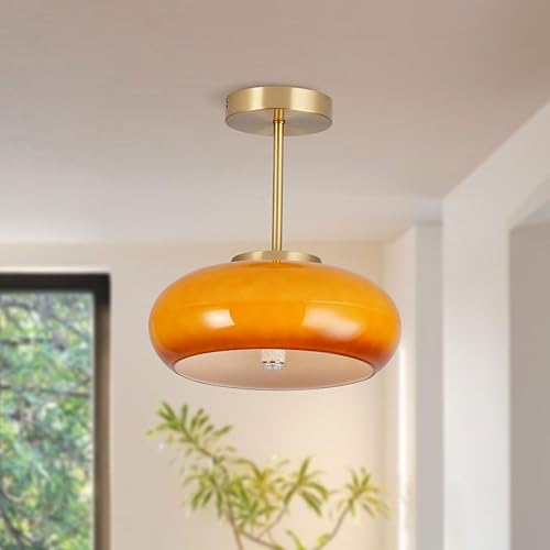 Miniatura 5 de Qufute Lámpara de techo semiempotrada dorada de 1 lámpara de techo cerca de techo con pantalla de cristal de cúpula naranja lámpara de techo de