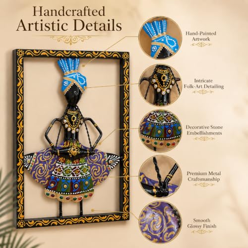Image of iHandikart Metal Wall Art for Home Decor | Rajasthani Folk Musician Wall Sculpture with Stone Work | Hand-Painted Iron Wall Hanging for Living Room, Bedroom, Hallway, Office | 11.5 x 8 Inch