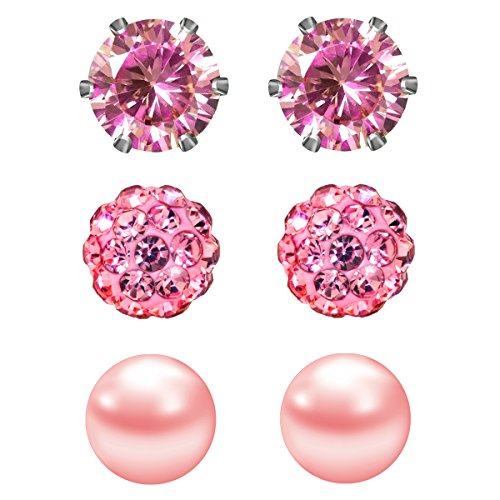 JewelrieShop Pink Studs Earrings for Women CZ Rhinestones Crystal Ball Fake Pearl Stainless Steel Party Stud October Birthstone Earring Set for Girl (3 pairs,6mm Round,Oct)