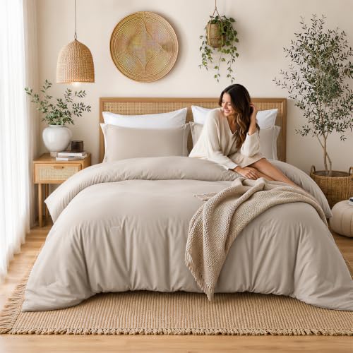 Image of weigelia Queen Comforter Set with Sheets - 7 Pieces Bed in a Bag Queen | All Season, Boho Style, Soft Lightweight Oatmeal Bedding Set with Sheets, Pillow Shams, Pillowcases
