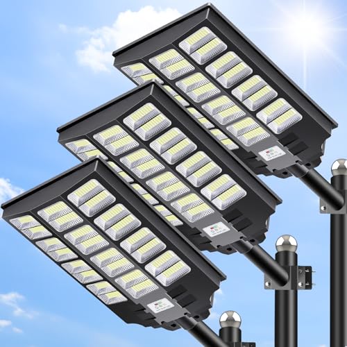 Top Solar Street Light 7 VOOJOY 8000W Solar Street Lights Outdoor Waterproof, Dusk to Dawn Solar Lights Outdoor, LED Flood Security Light with Motion Sensor and Remote Control for Yard, Parking Lot, Garage, Street, 3 Pack