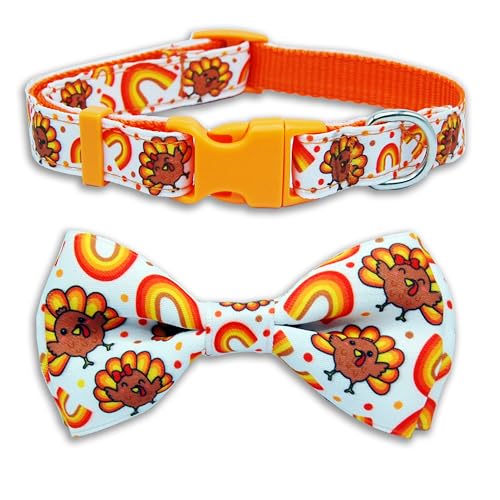 Thanksgiving Dog Collar with Bow Tie Turkey and Rainbow Pattern Holiday Pet Collar Set for Small Medium Large Dogs Adjustable Festive Fall Puppies Accessories