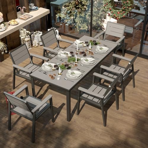 Patio Kingdom 7-Piece Grey HDPE Patio Table and Chairs Set, Weather Resistant Outdoor Dining Set with Umbrella Hole for Lawn, Garden, Deck, Poolside, Balcony