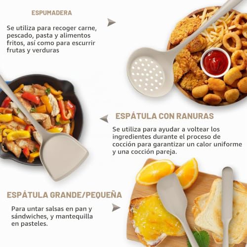 Miniatura 4 de Juego De Utensilios De Cocina De Silicona 15 Piezas Con Mango De Acero Inoxidable Resistentes Al Calor Y Antiadherentes Con Soporte Para Utensilios Aptos Para Lavavajillas Color Caqui Sin Bpa
