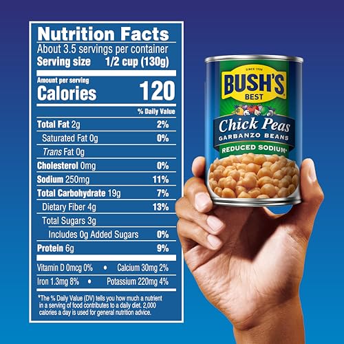 Image of BUSH'S BEST 16 oz Reduced Sodium Garbanzo Beans, Source of Plant Based Protein and Fiber, Low Fat, Gluten Free, (Pack of 12)