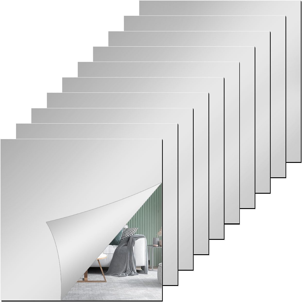 DWUENT Mirror Tiles, Stick on Mirrors for Walls, Self Adhesive Mirror, 12PCS 10x10cm Acrylic Square Adhesive Mirrors Tiles with Right Angle Design for Home Decor