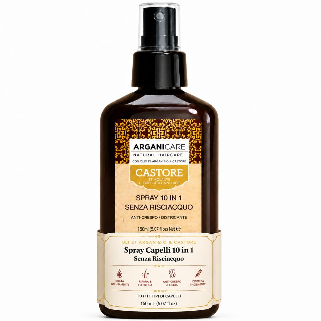 ARGANICARE Spray réparateur 10-en-1 sans rinçage 150 ml – Huile de ricin bio & argan – Démêlant anti-frisottis, protection thermique, hydratation légère, douceur & brillance – Tous types de cheveux
