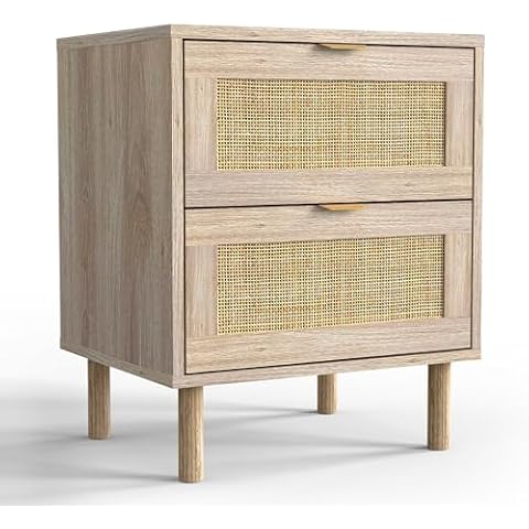 Rattan Nightstand | End Table with Two Decorative Wicker Drawers | Solid Wooden Legs | Modern Boho Nightstand| Natural Wood Accent Table with Large Storage for Bedrooms, Living Rooms, or Offices Cover