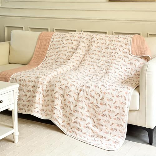 Image of SANACYNA 100% Cotton Muslin Blanket 6-Layer Gauze King Size Floral Bed Blanket Lightweight Soft and Breathable Blanket for Sofa Couch Bed Coverlet Keep Warm (Floral, King 90 inch X 104 inch)