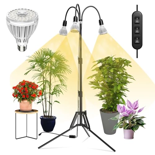 SANSI Grow Lights for Indoor Plants, 96W Full Spectrum Grow Light, No Dimmable 35-64 inches Detachable Tripod Standing Grow Lights, High PPFD 3 Pack o