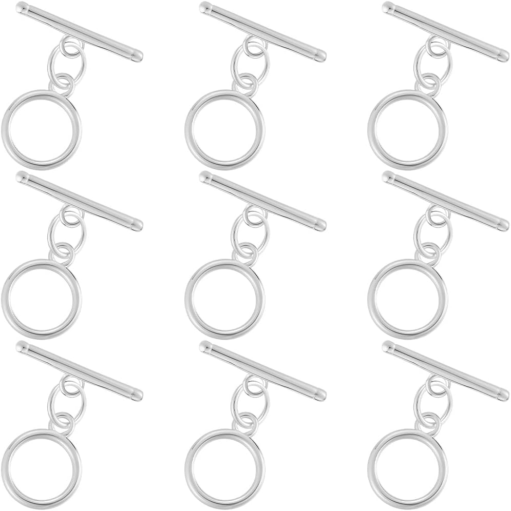 Beebeecraft 1 Box 15 Sets Toggle Clasps 925 Sterling Silver Plated Brass Jewellery Clasps Connectors Round Ring Toggle T Bar Sets with 15Pcs Open Jump Rings for Necklace Bracelet Earring Making