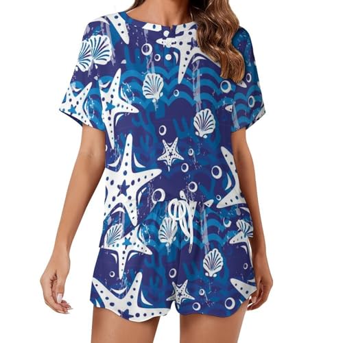 Pyjama femme manches courtes imprimé coquillage et étoile de mer léger