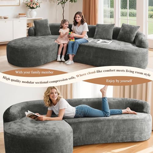 Image of 99 inch Curved Sectional Sofa with Chaise, Gray, Left Chaise+Right Sofa | Modern Boneless Couch, Deep Seat, L Shaped 3-Seater Cloud Couch, No Assembly Needed, Chenille