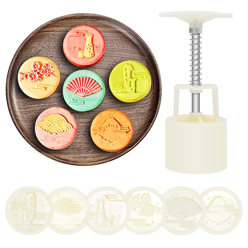 Cookie Stamps, 3D Moon Cake Mold Hand Press Cookie Stamps Pastry Tool, Food-grade Resuable Flower Biscuit Cake Cookie Stamps, 1 Mold 6 Stamps 65g