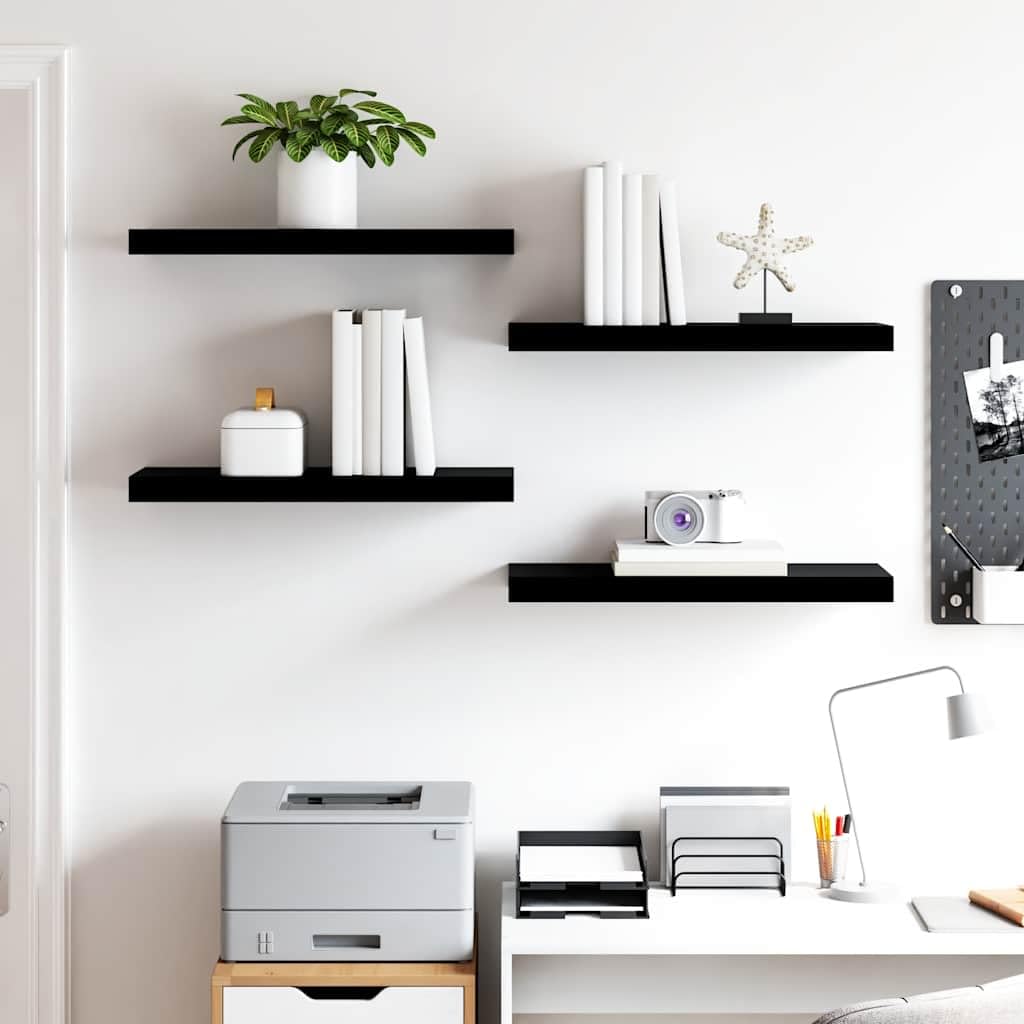 Półki wiszące, 4 szt. czarny wysoki połysk, 60 x 23,5 x 3,8 cm, płyta MDF, zestaw do montażu na ścianie, nowoczesny regał wiszący na książki, dekoracje, przedmioty kolekcjonerskie