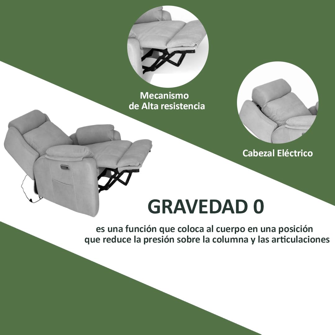 Genérico Sillon Relax Reclinable Electrico, Gravedad Cero | Desenfundable, Botonera Cromada con Puerto USB | Madera de Pino | Sillones Reclinables | Relax | Silla Sofa | Electrico Moderno | Gris