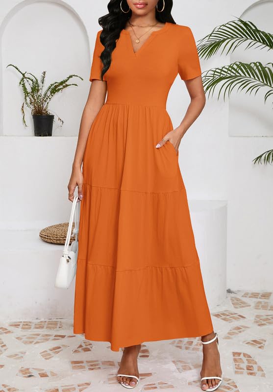 Image of MarryUP Women 2025 Casual Loose Maxi Dress with Pockets V Neck Short Sleeve Tiered Long Summer Beach Swing Dresses