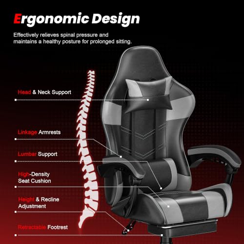 Image of Gaming Chair with Footrest, Ergonomic Video Game Chair with Headrest and Lumbar Support, 400 lbs Adult Chair, Height Adjustable 360 Swivel High Back Reclining Computer Chair for Home Office (Grey)
