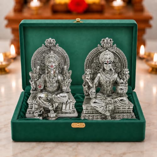 Image of Premium Silver-Plated Lakshmi Ganesha Idol Murti Set | Laxmi Ganpati Statue for Home Temple| Pooja Room | Office Desk | Mandir Decor | Diwali | Housewarming | Wedding Gift | 3.7 Inch