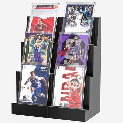 Alytree Soporte de exhibición de tarjetas, exhibición de tarjetas coleccionables de 3 niveles (paquete de 2), almacenamiento de tarjetas deportivas de béisbol de madera, estuche de exhibición de