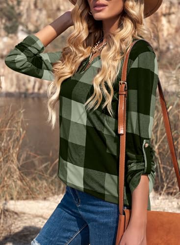 Image of Dokotoo Womens Tops Plaid Cotton Cuffed 3 /4 Sleeve Shirts Blouses