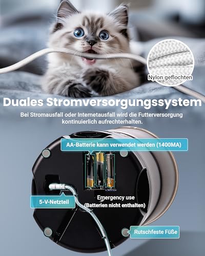 Futterautomat Katze mit APP und Timer, 6 L / 25 Tassen Katzenfutter Automat 3 Näpfe, 3 Trockenmittel Packungen, Anti-Verstopfungssystem, 2.4G WiFi, 10-S Stimmaufnahme Futterspender Katze Hund, Schwarz