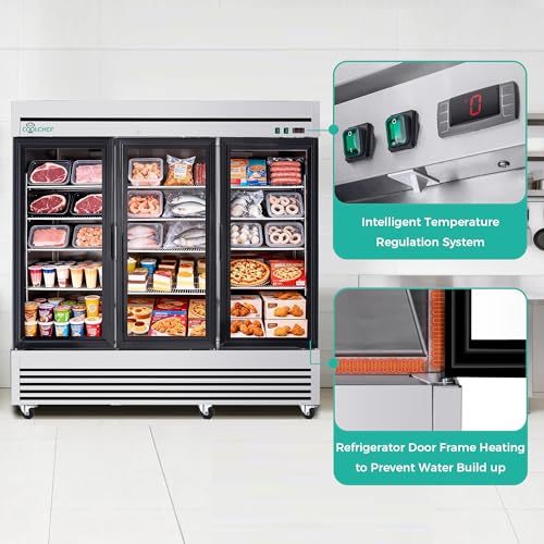Image of 81 inch Commercial Freezer, 72 Cu.Ft Upright Freezer with 3 Glass Door, -8℉~0℉, Stainless Steel Reach-in Freezer, Fan Cooling Freezer with 12 Shelves for Garage Restaurant Bar, ETL and DOE Approved