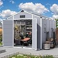 MELLCOM 8 x 10 FT Resin Outdoor Storage Shed with Windows, Outdoor Storage Tool Shed with Floor and Lockable Door, Resin Garden Shed for Garbage Can, Bike, Lawnmower