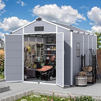 MELLCOM 8 x 10 FT Resin Outdoor Storage Shed with Windows, Outdoor Storage Tool Shed with Floor and Lockable Door, Resin Garden Shed for Garbage Can, Bike, Lawnmower