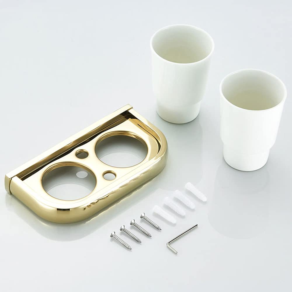 Soportes for cepillos de Dientes Juego de Soporte Doble for cepillos de Dientes Portavasos montado en la Pared con Dos Vasos de cerámica Blanca, Accesorios de baño Dorados