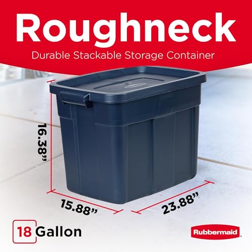 Image of Rubbermaid Roughneck Tote 18 Gal, 6 Pack, Made in USA, Dark Indigo Metallic, Rugged Plastic Stackable Storage Bins with Lids and Handles