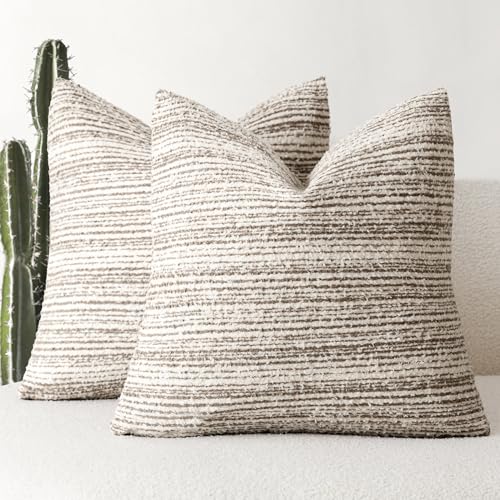 Image of Foindtower Set of 2 Faux Fur Textured Modern Throw Decorative Pillow Covers Square Accent Striped Cushion Sherpa Boho Farmhouse Pillowcase for Couch Sofa Living Room Home Decor 18x18 Inch,Light Taupe
