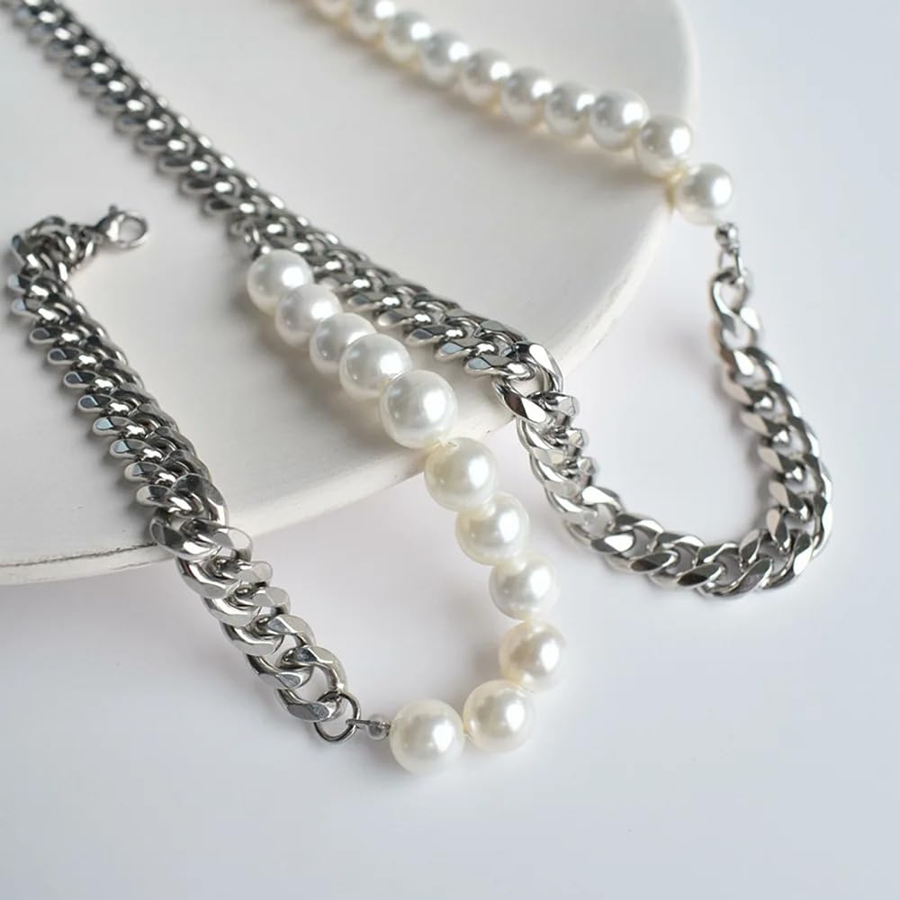 Sterlingsilber, natürlich, für Damen und Herren, Vintage-Armband – Punk-Schmucksets, Perlen-Halbketten-Halskette mit Initiale