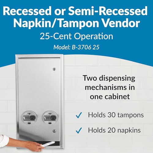 Image of Bobrick Recessed Napkin /Tampon Dispenser, 25 Cent Operation Dual Dispenser for Commercial Use Holds 20 Napkins & 30 Tampons Satin-Finish Stainless Steel Push-Button (Model B-3706 25)