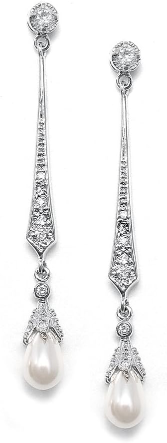 Mariell Silver Dangle Earrings with Freshwater Pearls and Cubic Zirconia for Wedding