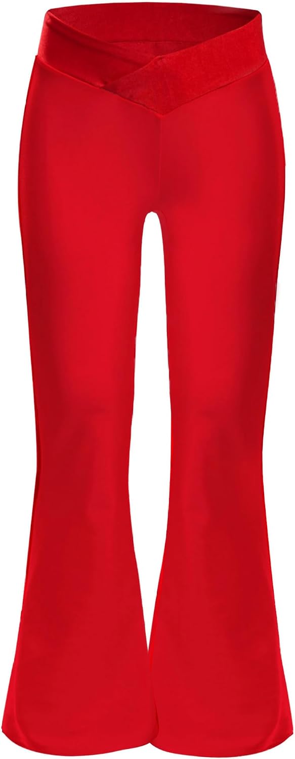 Girls Athletic Leggings V-Cross High Waisted Yoga Pants for Kids Dance Workout Tights Stretchy Flare Trousers