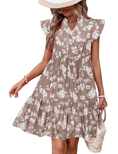 Image of HOTOUCH Women Summer Dress Short Ruffle Sleeve Dress Tiered Mini Dress with Pockets，Black Flower Print L
