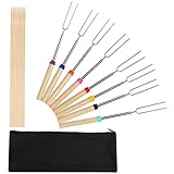 HelloPet Marshmallow Roasting Sticks, 8 Pack Telescoping and Rotating Stainless Steel U Shape Barbecue Forks Grill Sticks with 10PCS Bamboo Sticks and Zipped Storage Bag