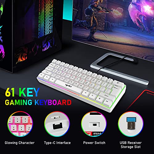4 In 1 Wireless Gaming Keyboard Mouse And Converter With Rgb Backlit Mini 61Key Ergonomic Honeycomb Shell 2.4Ghz Usb Receiver Bluetooth Wired Adapter For Ps4 Ps3 Xbox Switch Pc Mac Gamer Typist(White) #TOP2