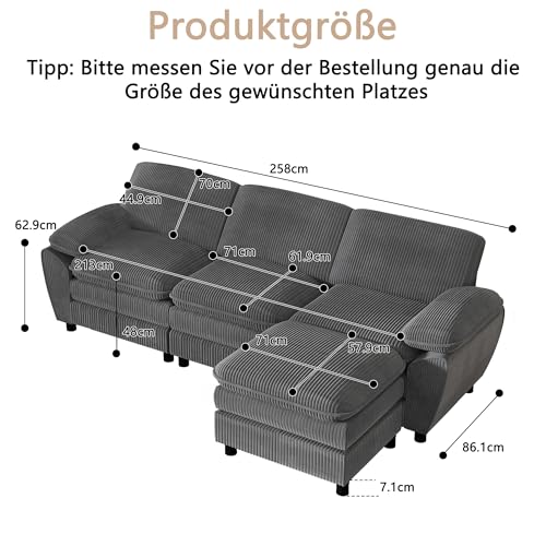 Modulares 3er-Kombinationssofa mit abnehmbarem Ottoman in Premium Velours – Elegantes L-Sofa für Wohnzimmer, perfekte Ergonomie & einfache Montage (258cm, Grau) – Bild 3