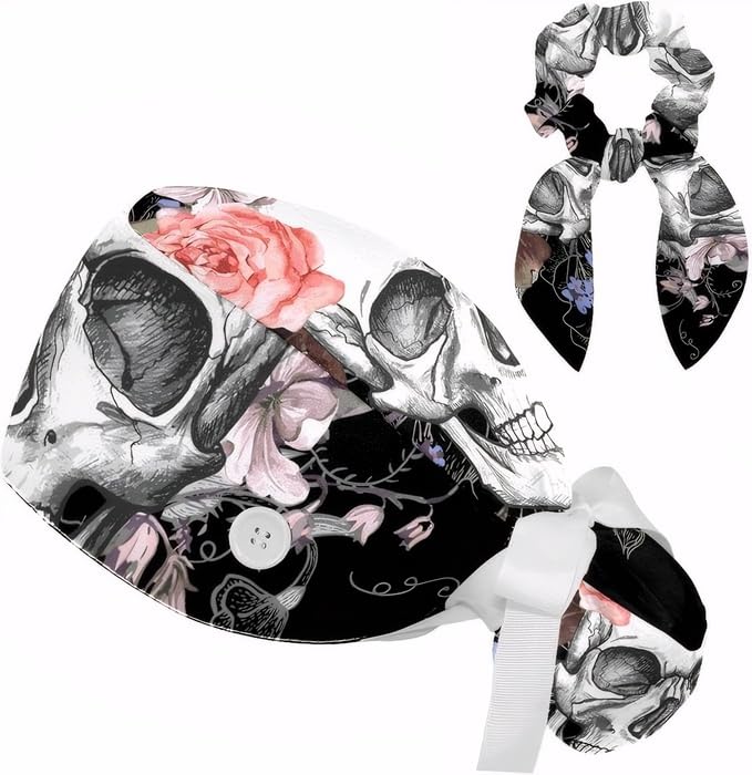 Adjustable Winter Blue Snowflake Surgical Scrub Cap with Button, Ponytail Pouch, Sweatband for Women with Bow Hair Scrunchy