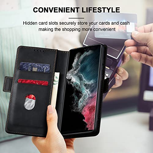 Image of Jasonyu Flip Wallet Case for Samsung Galaxy S22 Ultra 5G,Leather Magnetic Folio Cover with Card Holder,Kickstand - TPU Shockproof Durable Protective Phone Case,Black